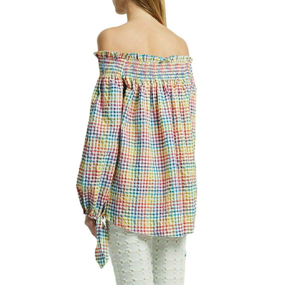 CAROLINE CONSTAS Lou off the shoulder gingham seersucker blouse top in rainbow S - Picture 4 of 7
